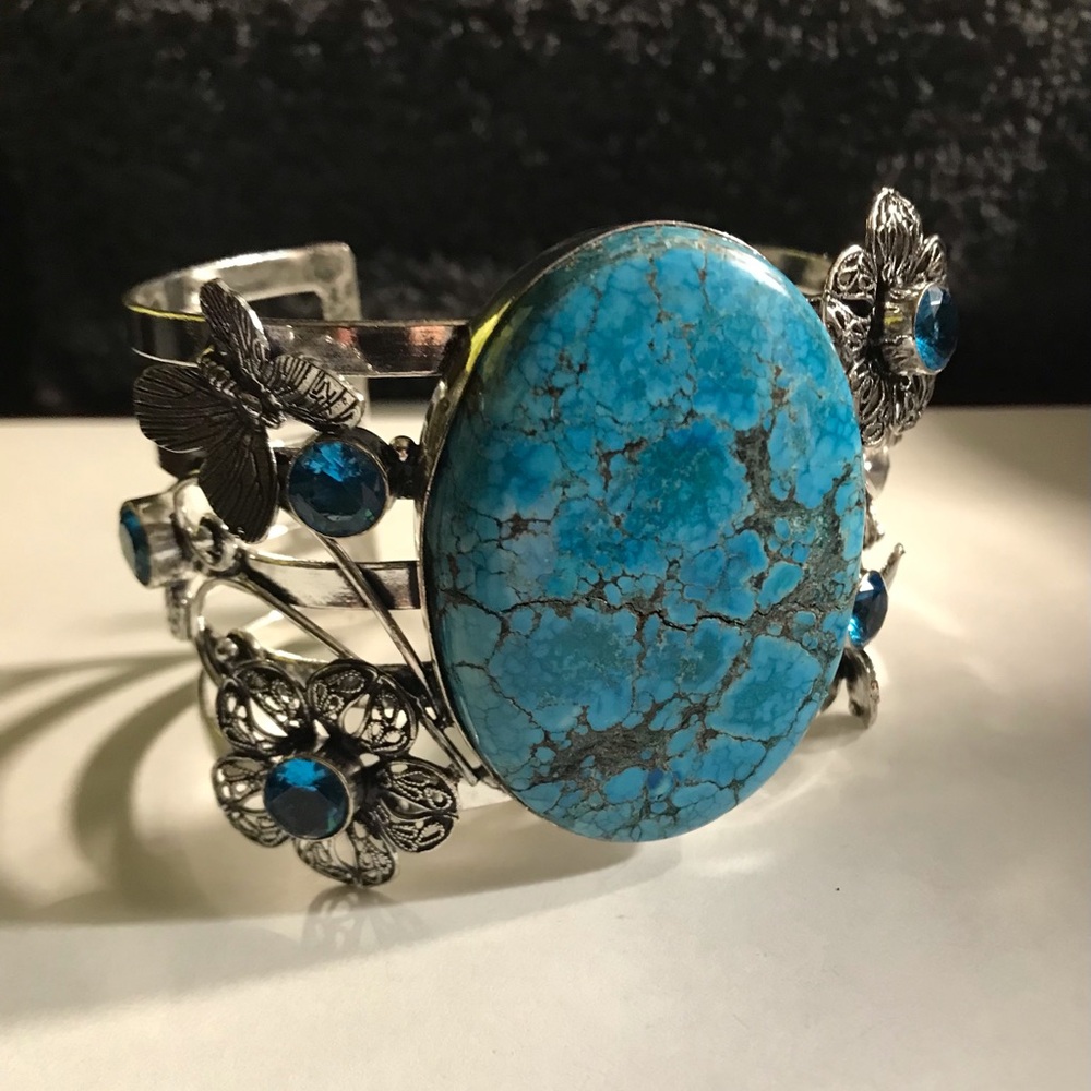 Turquoise Blue Topaz Stamped 925 Sterling Silver Cuff Bracelet
